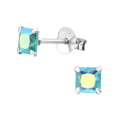 Silver Square 4mm Ear Studs with Cubic Zirconia