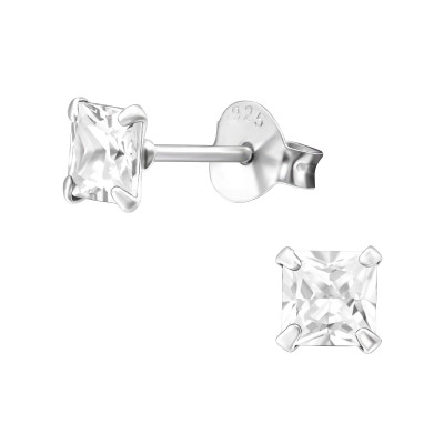 Silver Square 4mm Ear Studs with Cubic Zirconia