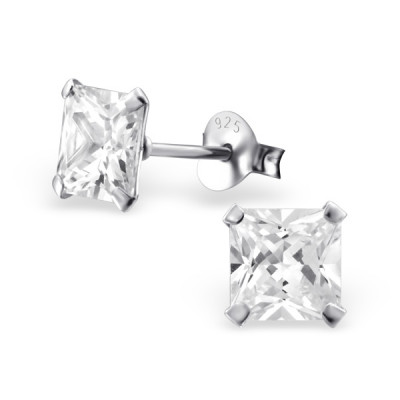 Silver Square 6mm Ear Studs with Cubic Zirconia