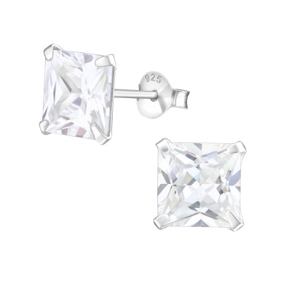 Silver Square 8mm Ear Studs with Cubic Zirconia