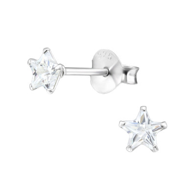 Birthstone Star 4mm Silver Ear Studs with Cubic Zirconia