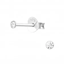 Silver 2mm Round Ear Studs with Crystal