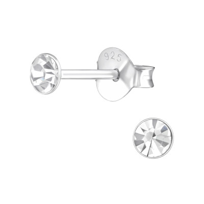 Silver 3mm Round Ear Studs with Crystal