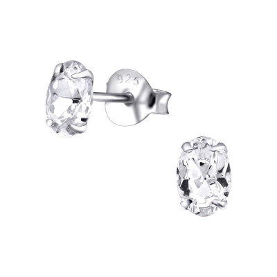 Silver Oval 4X6mm Ear Studs with Crystal