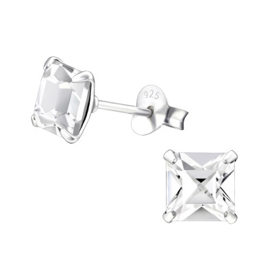 Silver Square 6mm Ear Studs with Crystals