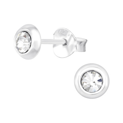 Silver Round Ear Studs with Crystal