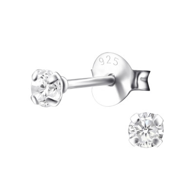 Birthstone Round 3mm Silver Ear Studs with Cubic Zirconia