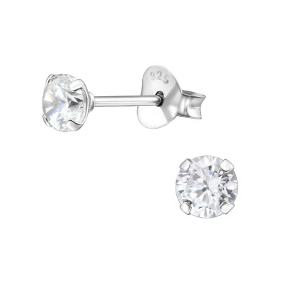 Round 4mm Sterling Silver Basic Ear Studs with Cubic Zirconia