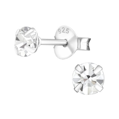 Silver Round 4mm Ear Studs with Crystals