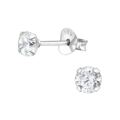 Silver 4mm Round Ear Studs with Cubic Zirconia
