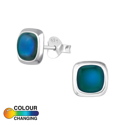 Silver Square Ear Studs with Mood Color Epoxy