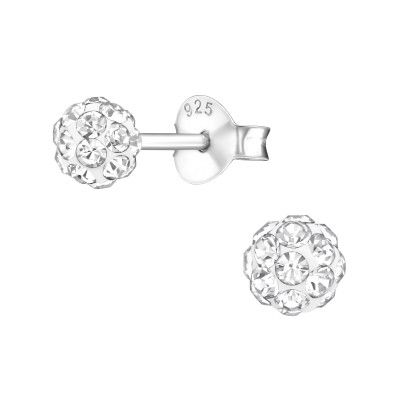 Silver Ball 4mm Ear Studs with Crystal