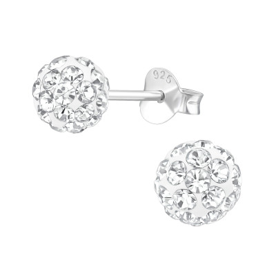 Silver Ball 6mm Ear Studs with Crystal