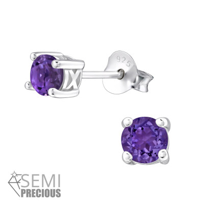 Silver Round 4mm Ear Studs with Semi Precious Natural Stone