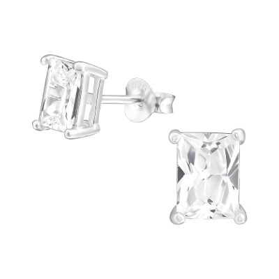 Baguette 5X7Mm Sterling Silver Basic Ear Studs with Cubic Zirconia