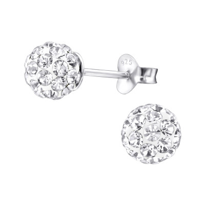 Silver Ball 6mm Ear Studs with Crystal