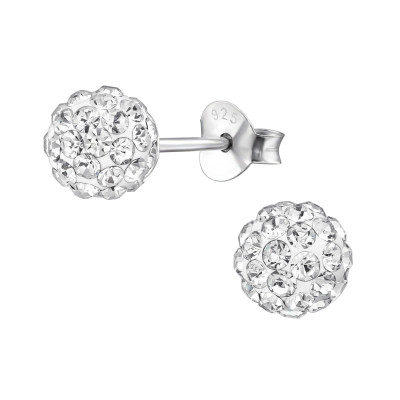 Silver Ball 6mm Ear Studs with Crystal