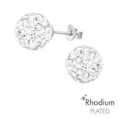Silver 10mm Ball Ear Studs with Crystal