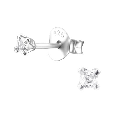 Silver Square 2mm Ear Studs with Cubic Zirconia