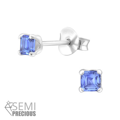 Silver Square 3mm Ear Studs with Semi Precious Natural Stone