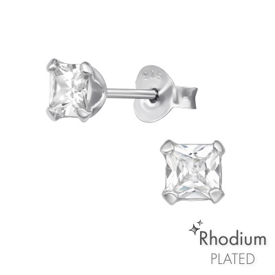 Silver Square 4mm Basic Ear Studs with Cubic Zirconia