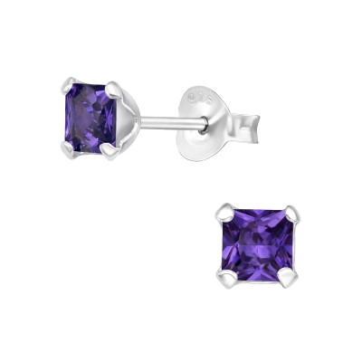 Silver Square 4mm Ear Studs with Cubic Zirconia