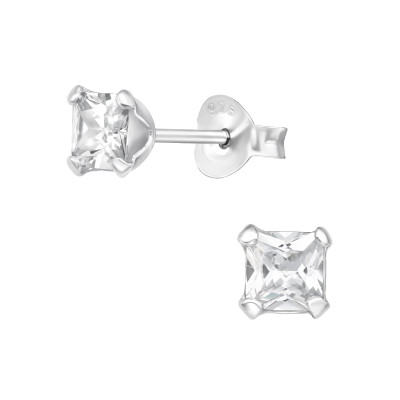 Silver Square 4mm Ear Studs with Cubic Zirconia