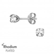 Round 3mm Sterling Silver Rhodium Plated Ear Studs with 4-Prong Crystal