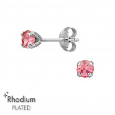 Round 3mm Sterling Silver Rhodium Plated Ear Studs with 4-Prong Crystal