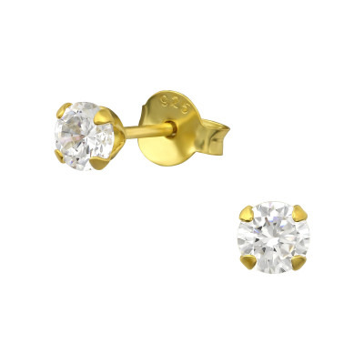 Round 4mm Sterling Silver Gold Plated Ear Studs with 4 Prong Cubic Zirconia