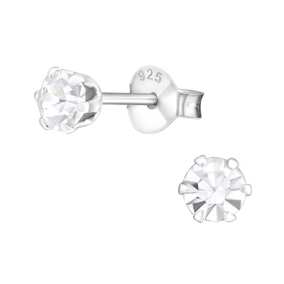 Silver 4mm Round Ear Studs with Crystals