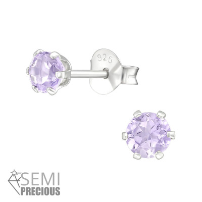 Silver Round Ear Studs with Semi Precious Natural Stone