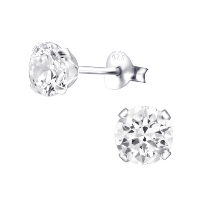 Round 6mm 4 Prong Sterling Silver Ear Studs with Cubic Zirconia