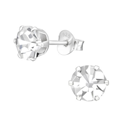 Silver 6mm Round Ear Studs with Crystal