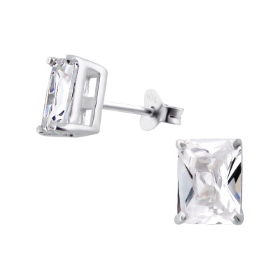 Silver Baguette 6x8mm Ear Studs with Cubic Zirconia