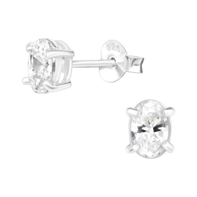 Silver Oval 4x6mm Ear Studs with Cubic Zirconia