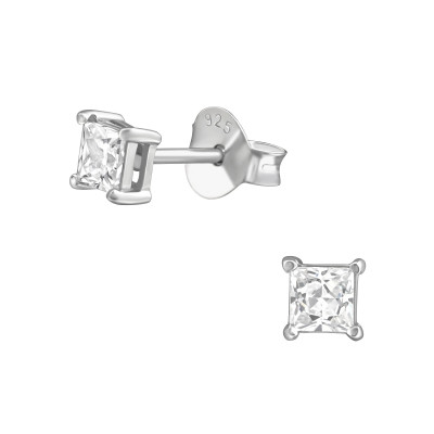 Square 3 mm Sterling Silver Ear Studs with Cubic Zirconia