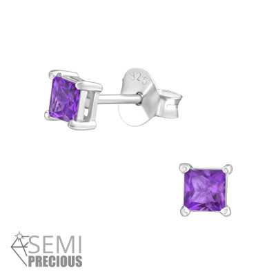 Silver Square 3mm Ear Studs with Semi Precious Natural Stone