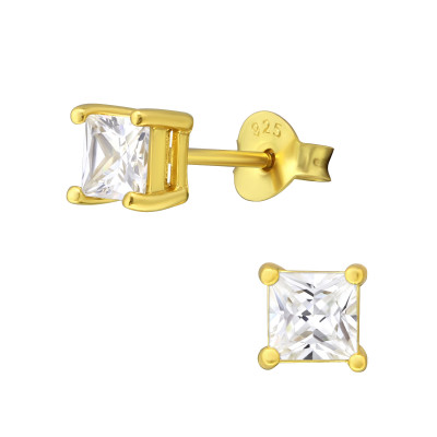 Silver Square 4mm Ear Studs with Cubic Zirconia