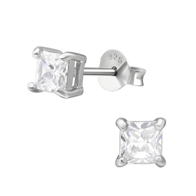 Silver Square 4mm Ear Studs with Cubic Zirconia