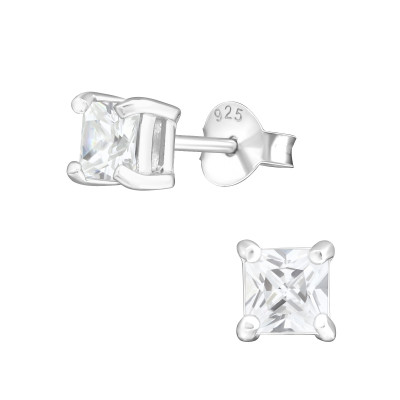 Silver Square 4mm Ear Studs with Cubic Zirconia