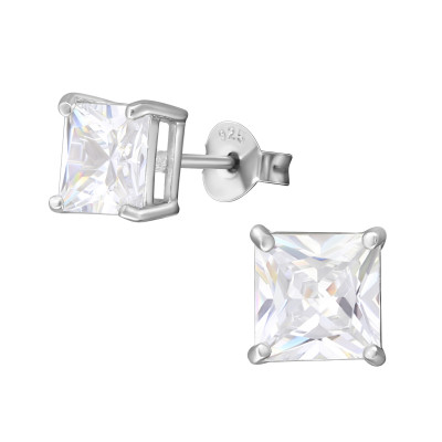 Silver Square 6mm Ear Studs with Cubic Zirconia