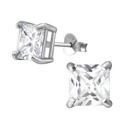 Square 7mm Sterling Silver Basic Ear Studs with Cubic Zirconia