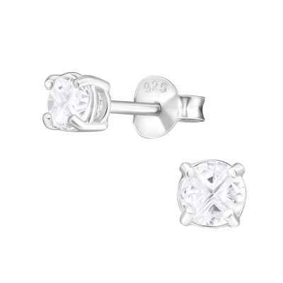 Round 4mm Sterling Silver Basic Ear Studs with Cubic Zirconia