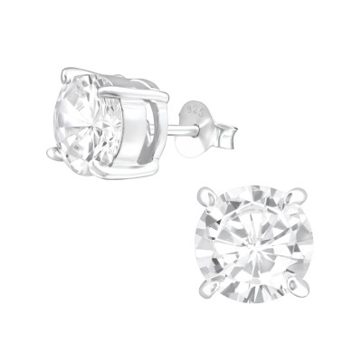 Silver Round 8mm Basic Ear Studs with Cubic Zirconia