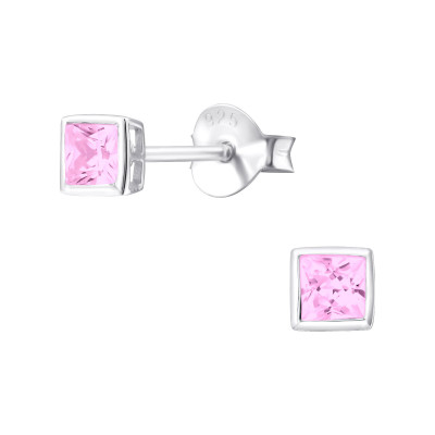 Silver Square 3mm Ear Studs with Cubic Zirconia