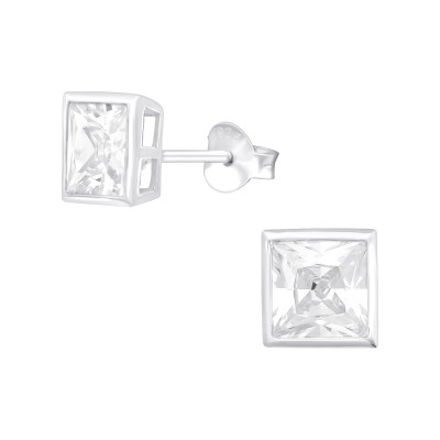 Silver Square 6mm Basic Ear Studs with Cubic Zirconia