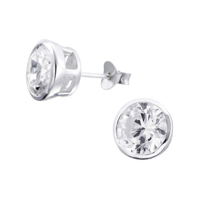 Silver Round 8mm Basic Ear Studs with Cubic Zirconia