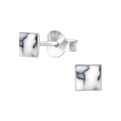 Silver Square Ear Studs with Shell/Imitation Stone