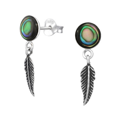 Silver Round Ear Studs with Imitation Stone and Hanging Feather